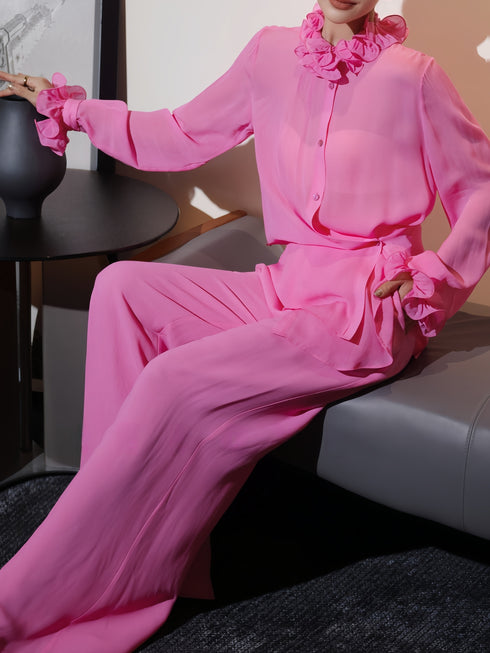 French Elegance Polka Dot Ruffle Blouse & Wide-Leg Pants Set – Effortless Spring Summer Statement Suit