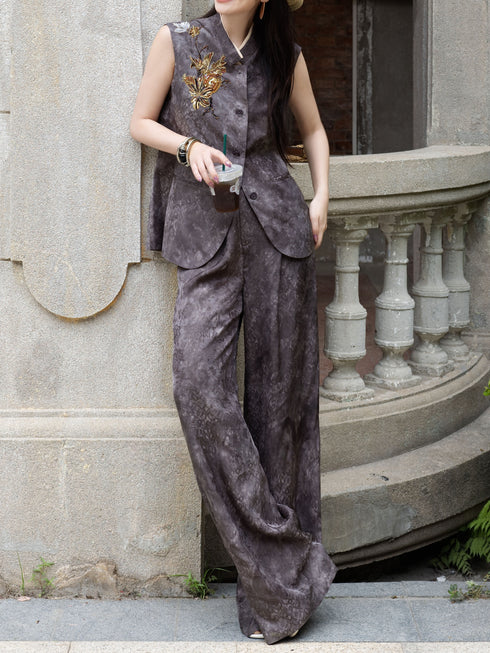 Vintage Jacquard Silk-Blend Beaded Vest & Wide-Leg Pants Set – Elegant Tailored Two‑Piece Suit