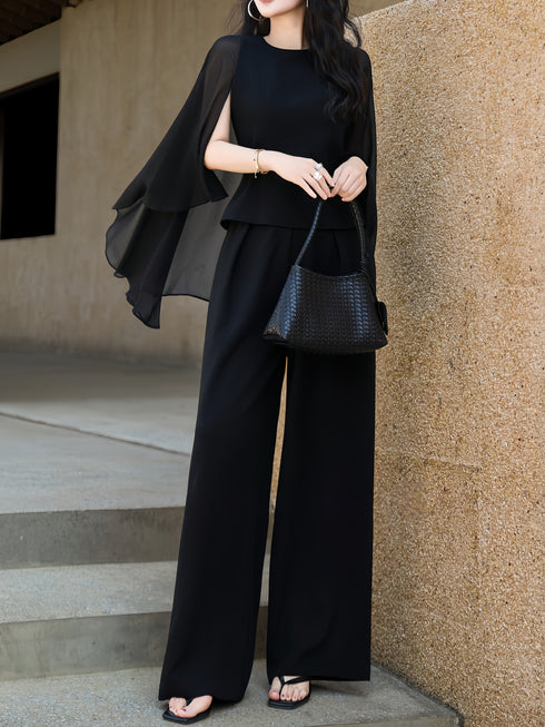 Designer Cape-Sleeve Sheer Panel Top & Wide-Leg Pants Set – Elegant Office Two‑Piece Suit