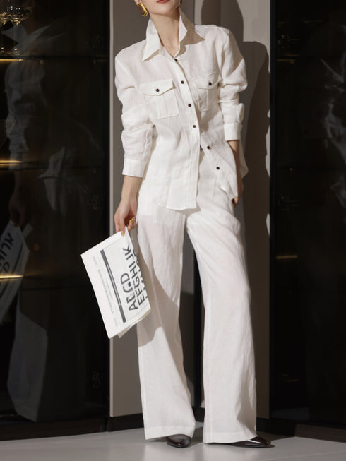 100% Linen Relaxed Shirt & Wide-Leg Pants Set – Luxury Summer Linen Two-Piece Outfit