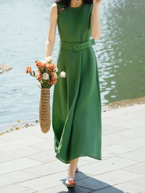 100% Linen Sleeveless Belted Midi Dress – Elegant Waist-Cinched Summer A-Line Dress