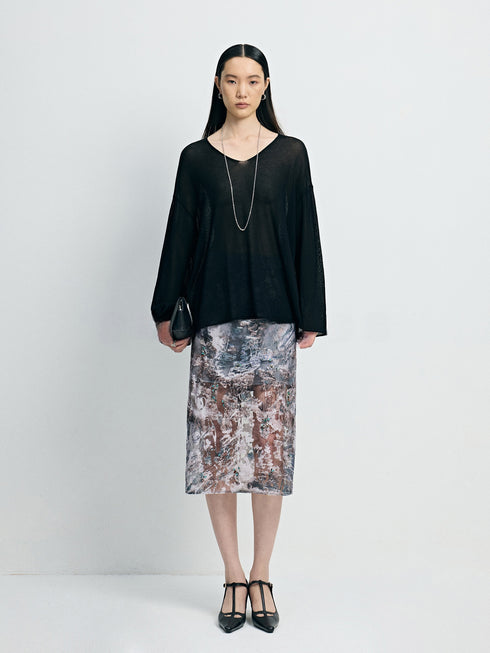 Hand-Beaded Burnout Floral Mesh Layered Midi Skirt - Detachable Double-Layer Sheer Statement Skirt