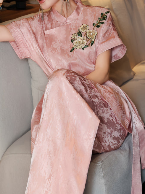 Embroidered Jacquard Silk‑Touch Cheongsam Top & Wide‑Leg Pants Set – Belted Waist Two‑Piece Suit