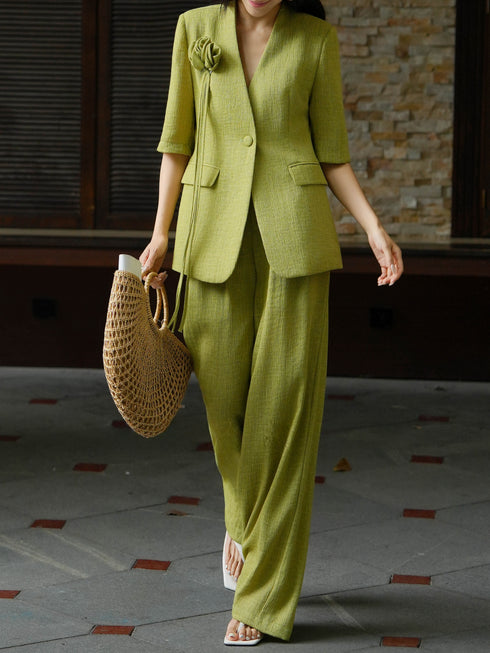 Textured Linen‑Tencel Floral Blazer & Wide‑Leg Pants Suit – Quiet Luxury Tailored Two‑Piece Set