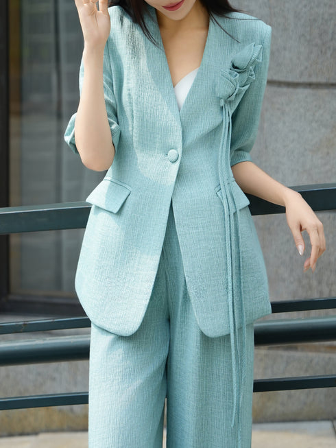 Textured Linen‑Tencel Floral Blazer & Wide‑Leg Pants Suit – Quiet Luxury Tailored Two‑Piece Set