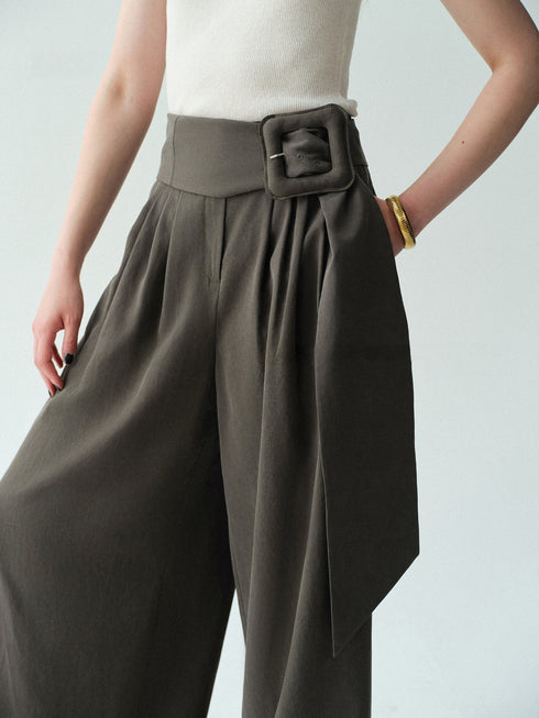 Lyocell-Linen Wide-Belt Wide-Leg Trousers – Vintage Draped Summer Palazzo Pants
