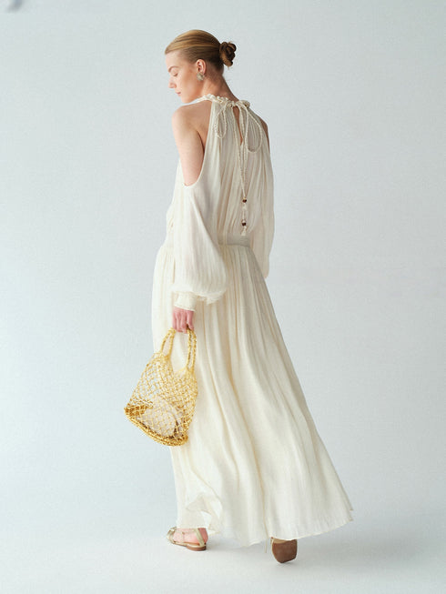 Lustre Island Silk Hand-Braided Halterneck Maxi Dress – Sleeveless Micro A-Line Resort Gown