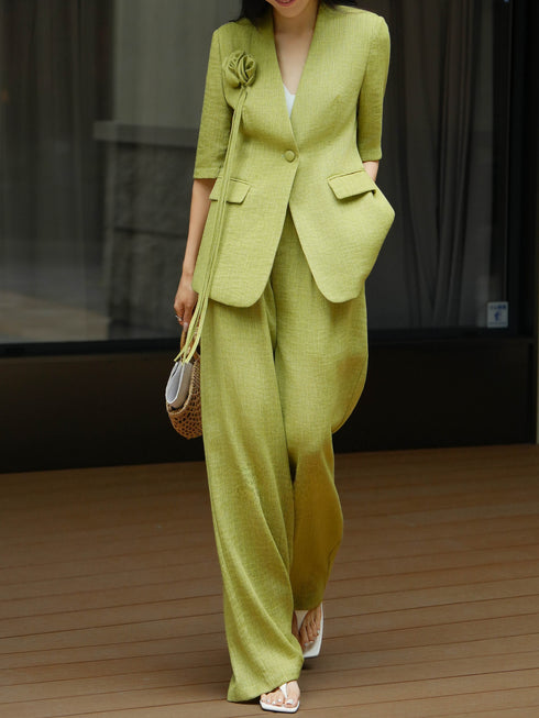 Textured Linen‑Tencel Floral Blazer & Wide‑Leg Pants Suit – Quiet Luxury Tailored Two‑Piece Set
