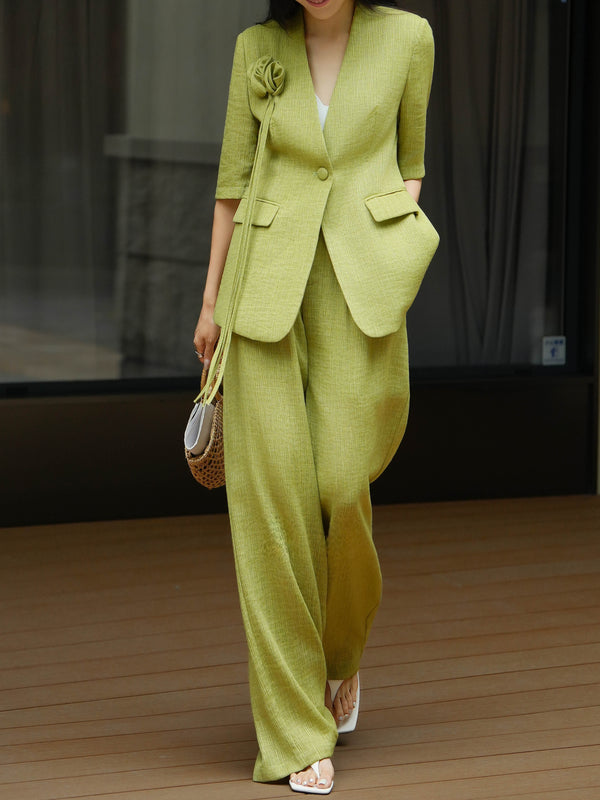Textured Linen‑Tencel Floral Blazer & Wide‑Leg Pants Suit – Quiet Luxury Tailored Two‑Piece Set