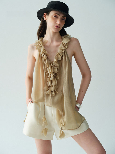 Luxury Cupro-Blend Ruffle V-Neck Draped Sleeveless Camisole Top