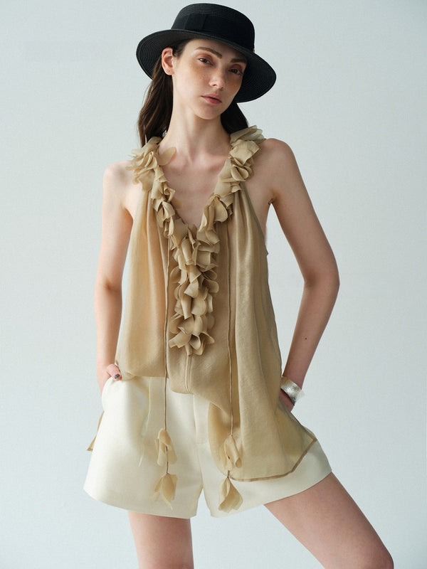 Luxury Cupro-Blend Ruffle V-Neck Draped Sleeveless Camisole Top