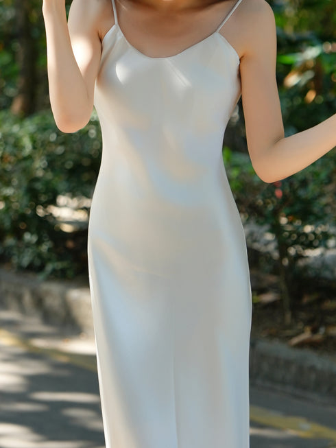 Champagne Acetate Slip Dress & Tailored Blazer Set – Elegant Minimalist Workwear Suit