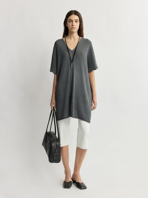 Washi Silk-Cotton Knit Tunic T-Shirt – Relaxed Openwork V-Neck Luxe Summer Top