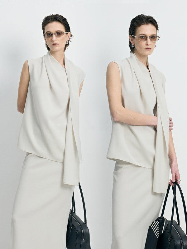 Quiet Luxury Cooling Acetate Asymmetric Scarf Blouse & Midi Skirt Set