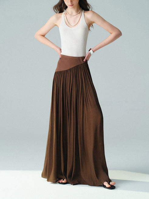 Pearlescent Island Silk Asymmetric Waist Bias-Cut Maxi Skirt – Fluid Pleated A-Line Silhouette