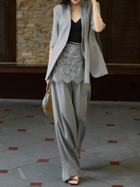 Summer Old Money Lace-Layered Blazer & Wide-Leg Pants Set – Elegant 4‑Piece Linen Lyocell Suit