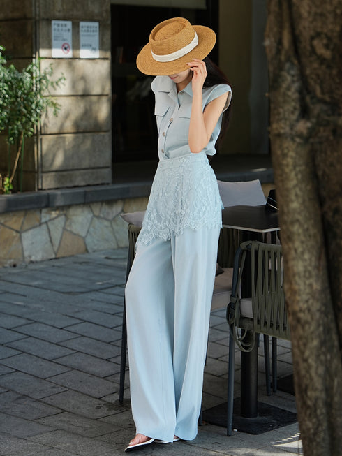 Old Money Relaxed Sleeveless Vest & Lace Overlay High‑Waisted Wide‑Leg Pants Three‑Piece Set