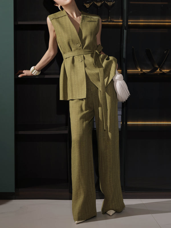 Sleeveless Tailored Vest & Wide-Leg Pants Set – Minimalist Summer Belted Two‑Piece Suit