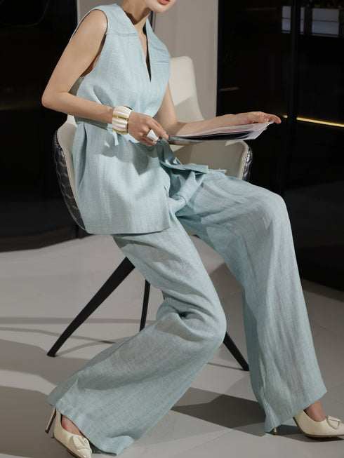 Sleeveless Tailored Vest & Wide-Leg Pants Set – Minimalist Summer Belted Two‑Piece Suit