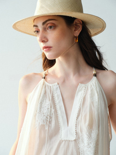 Lyocell Embroidered Tassel Halter Top – Lace-Trim Sleeveless Draped Blouse