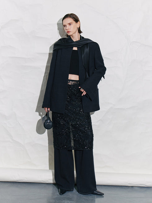 Black Sequin Lace Overlay Midi Skirt – Detachable Double-Layer Evening Statement Skirt