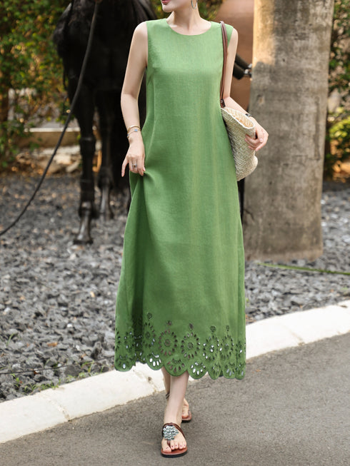 100% Linen Sleeveless Midi Dress – Vintage Cutout Hem Summer Waist-Defined Dress