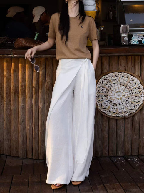 High-Waisted Asymmetric Wrap Linen Wide-Leg Pants – White Draped Resort Trousers