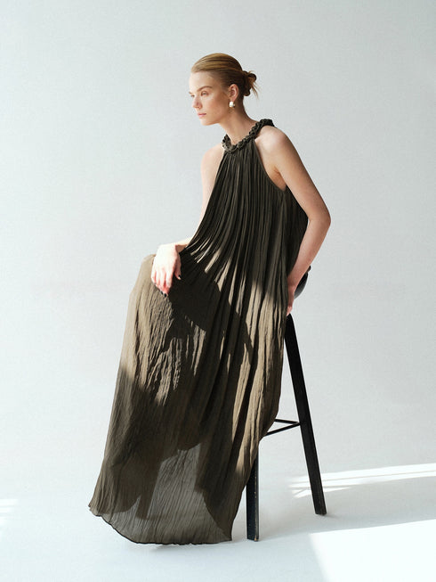 Lustre Island Silk Hand-Braided Halterneck Maxi Dress – Sleeveless Micro A-Line Resort Gown