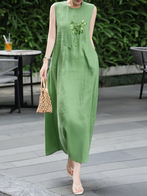 Minimalist Linen Embroidered Sleeveless Maxi Dress – Elegant One‑Piece Summer Linen Dress