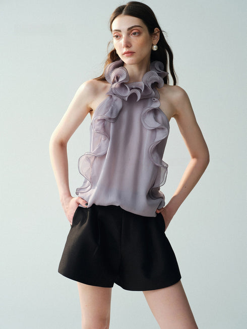 Luxury Cupro-Blend 3D Ruffle Halter Top – Sleeveless Couture Statement Blouse