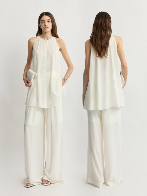 Luxury Acetate Sheer Pleated Top & Wide-Leg Pants Set – Quiet Luxury Fluid Resort Ensemble