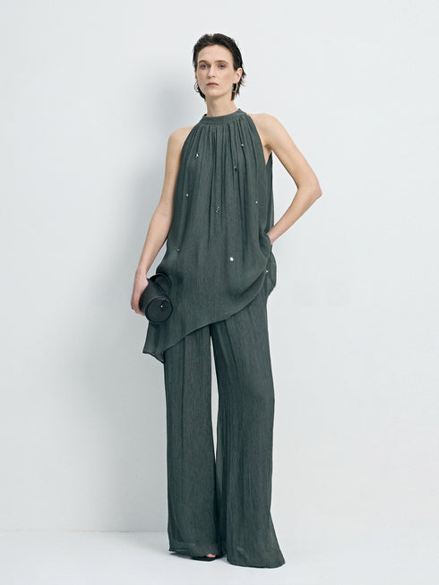 Hand-Beaded Draped Cupro Halterneck Top & Airy Wide-Leg Pants Set