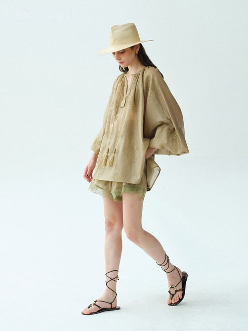 Heavy Embroidered Lyocell V-Neck Blouse – Lantern Sleeve Tassel Top