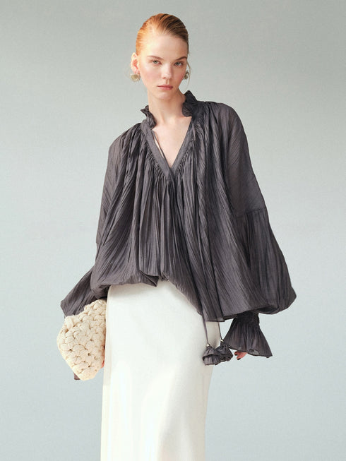 Lyocell‑Blend Pleated V‑Neck Ruffle Blouse – Sheer Lantern Sleeve Statement Top