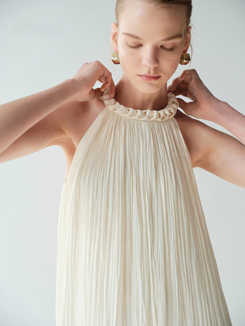 Lustre Island-Silk Pleated Halter Maxi Dress – Hand‑Braided Neckline A‑Line Sleeveless Dress