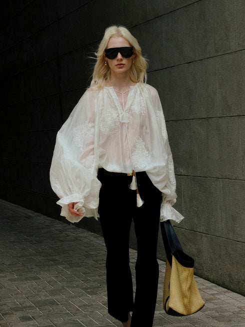Heavy Embroidered Lyocell V-Neck Blouse – Lantern Sleeve Tassel Top