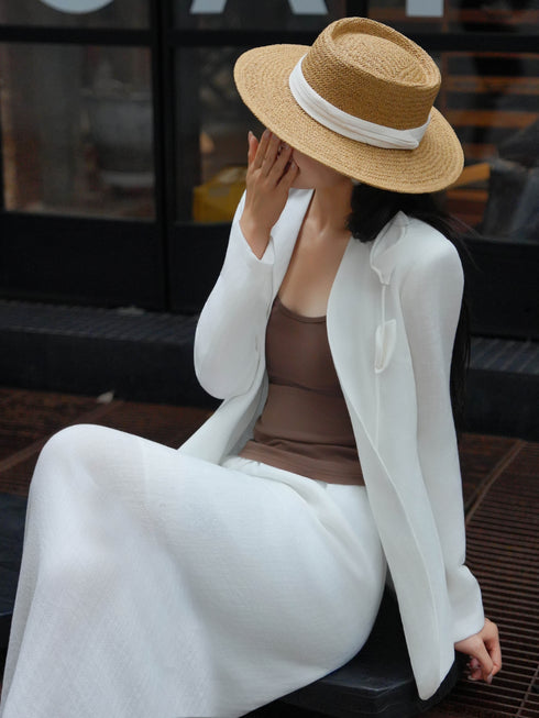 White Floral-Detail Blazer & Maxi Skirt Suit Set – Elegant Minimalist Tailored Women’s Ensemble