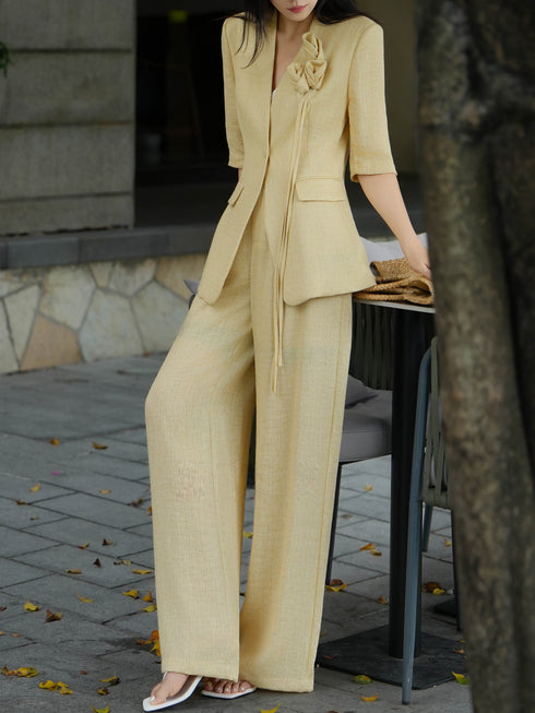 Textured Linen‑Tencel Floral Blazer & Wide‑Leg Pants Suit – Quiet Luxury Tailored Two‑Piece Set