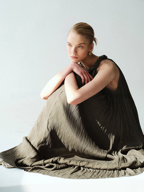 Lustre Island-Silk Pleated Halter Maxi Dress – Hand‑Braided Neckline A‑Line Sleeveless Dress