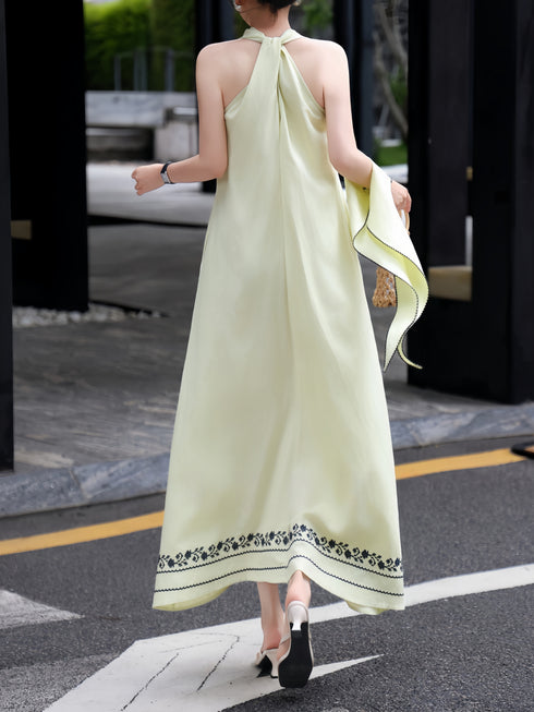 Linen Embroidered Halter Maxi Dress – Scarf Tie Neck Resort Vacation Dress