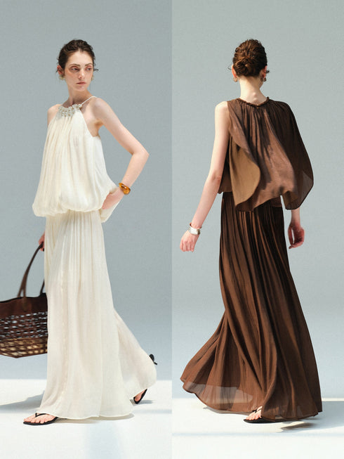 Pearlescent Island Silk Asymmetric Waist Bias-Cut Maxi Skirt – Fluid Pleated A-Line Silhouette