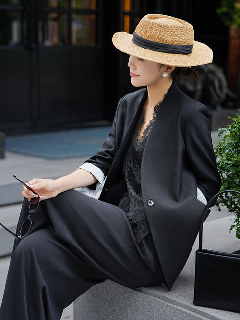 Collarless Acetate Tailored Blazer – Minimalist Spring Summer Office Jacket with Lace Camisole