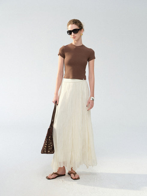 Luminous Irregular Pleated A-Line Maxi Skirt – Handcrafted Crinkle Texture Flowing Skirt