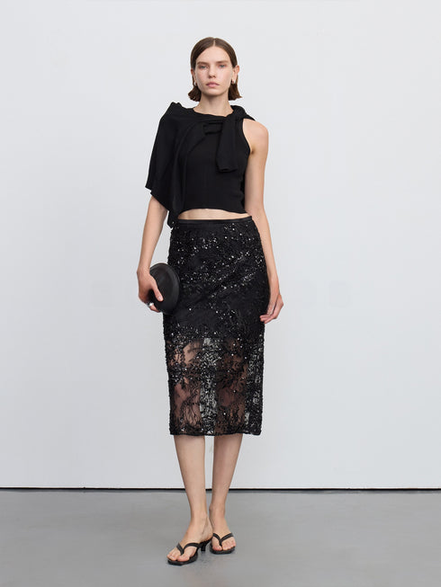Black Sequin Lace Overlay Midi Skirt – Detachable Double-Layer Evening Statement Skirt