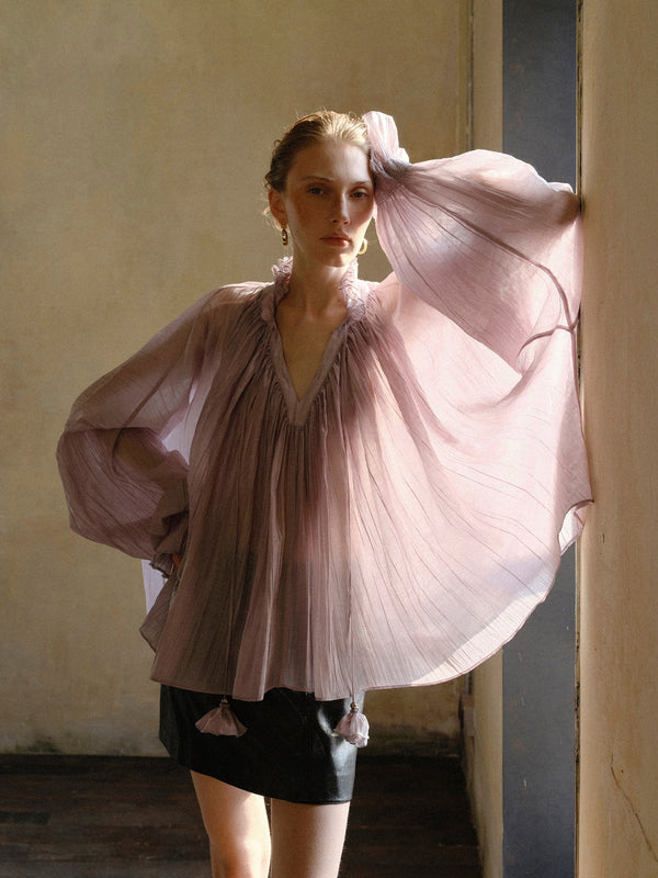 Lyocell‑Blend Pleated V‑Neck Ruffle Blouse – Sheer Lantern Sleeve Statement Top