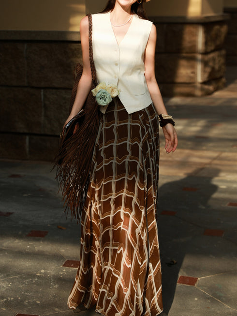 Old-Money Linen Vest & Tencel Plaid Maxi Skirt Set – Effortless Summer Resort Two‑Piece