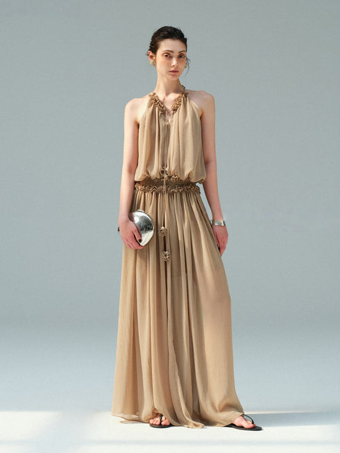 Textured Chiffon Ruffle-Trim Halter Sleeveless Maxi Dress