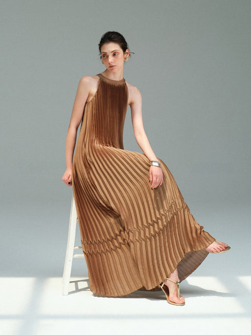 Beige Pleated Halter Neck Maxi Dress – Lightweight Resort Vacation A‑Line Dress