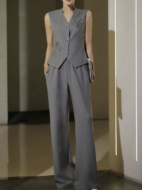 Old-Money Embroidered Waist-Cinched Vest & Wide-Leg Trouser Set – Elegant Tailored Spring Summer Suit
