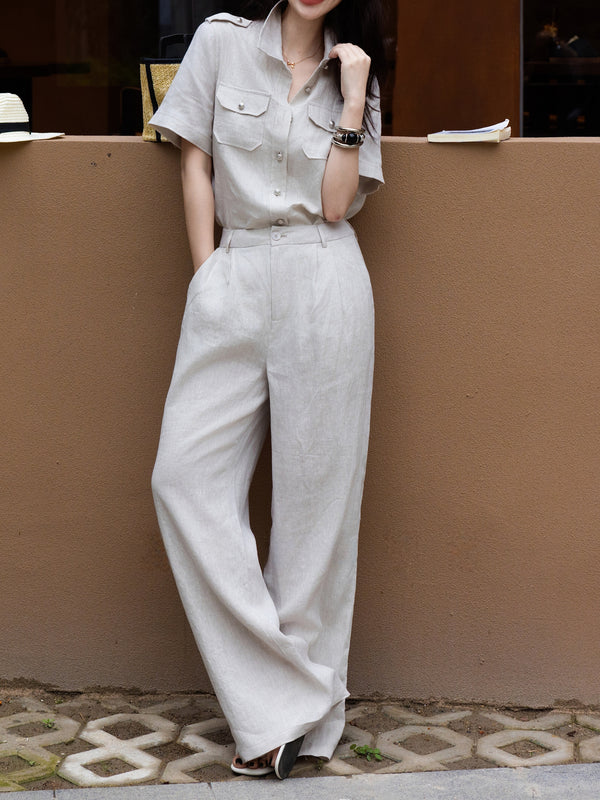 Women's Luxury Linen Two‑Piece Set – Short Sleeve Safari Shirt & Wide‑Leg Trousers